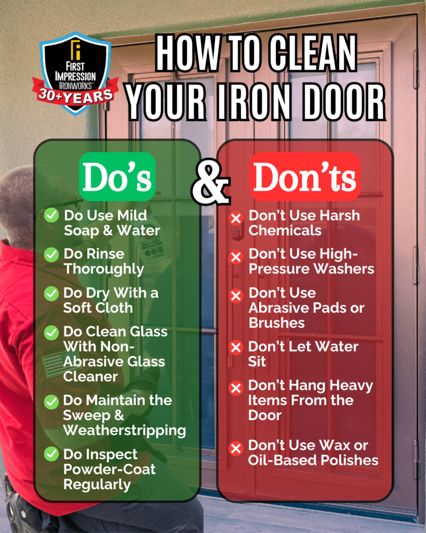 Do's and Don'ts of cleaning your iron door.

Do: Use mild soap and water, rinse thoroughly, dry with a soft cloth, clean glass with non-abrasive cleaner, maintain the sweep and weatherstripping, inspect powder-coat regularly

Don't: use harsh chemicals, use high-pressure washers, use abrasive pads, let water sit, hang heavy items from the door, use wax or oil-based polishes