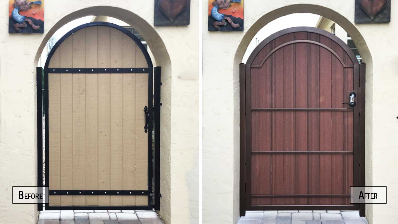 Before and After Arched Composite Wood and Iron Gate