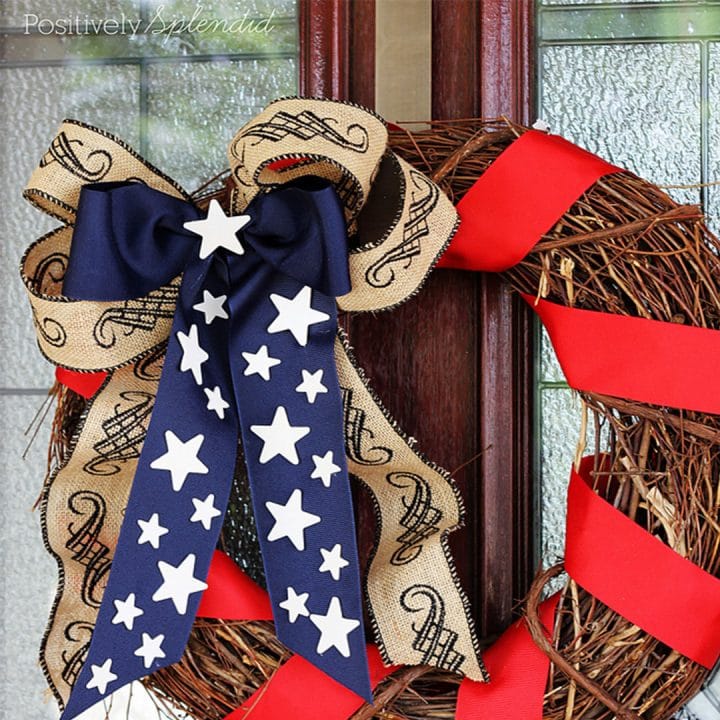 Patriotic wreath hanging on a front door. Our doors can be shipped nationwide.