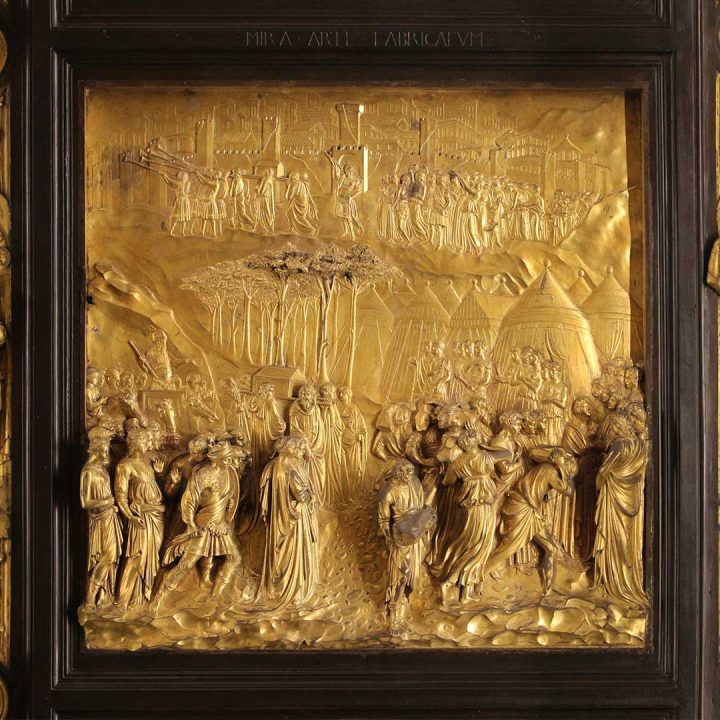 photo of one of the gold sculpted panels from the "Gates of Paradise" by Lorenzo Ghiberti.  