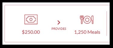 graphic showing that a donation of $250 provides 1,250 meals