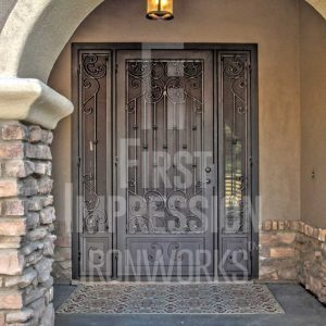 Mediterranean iron security door with sidelights