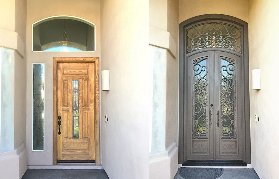 Before an after image - light wood door on the left, large, dark brown iron and glass entry door on the right