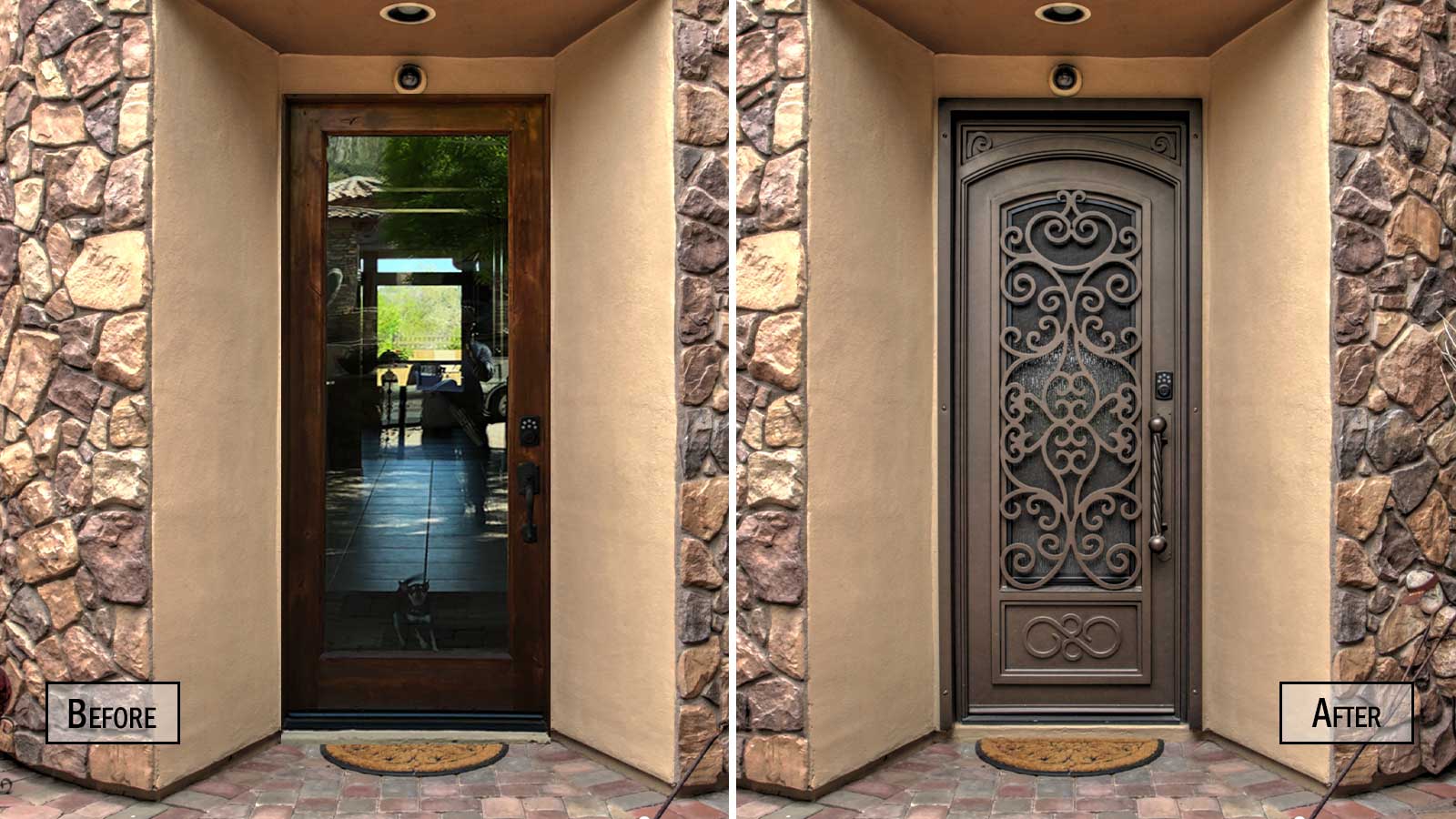 Before and after picture of a wooden door replaced with an Iron Entry Door from 1st Impression Ironworks, who ships nationally.