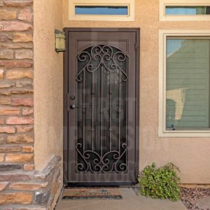French-Tip-Iron-Security-Door-Signature-Tuscan-Single-Screen-Hand-Forged-Faux-Arch-Scrolls-Oil-Rubbed-Bronze-Lever-Iron-Straight-w
