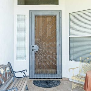 Sunray-handbent-Iron-Security-Door-Signature-with-2-step-reverse-framing-Southwest-Single-Screen-Hand-Forged-Square-Oil-Rubbed-Bronze-Lever-Handbent
