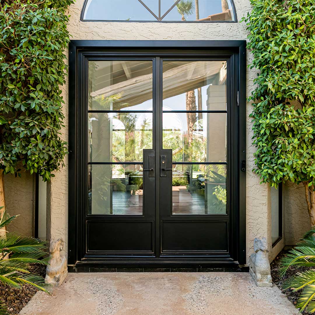 Contemporary black iron and glass iron entry door