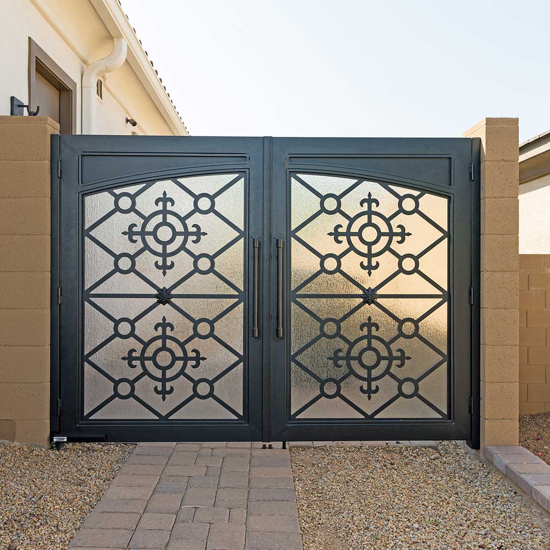 black iron and glass double gate