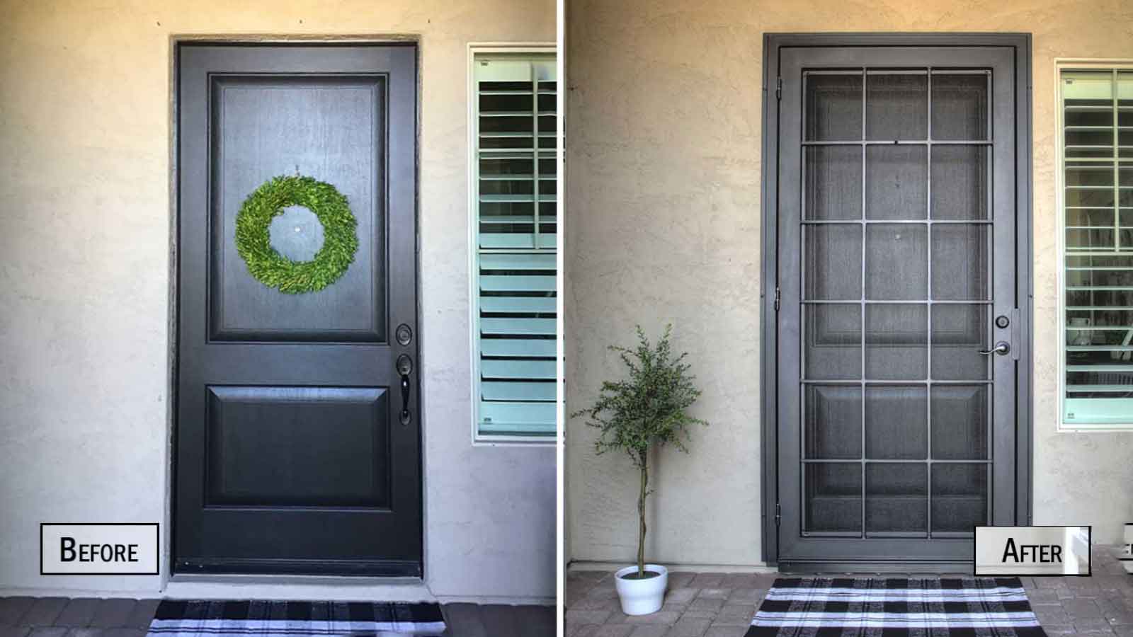 Two side by side images, a before and after of the same front entry of a home.  The before image is of a black wooden door,  The second is the after of the same door, with a black First Impression Ironworks security door.