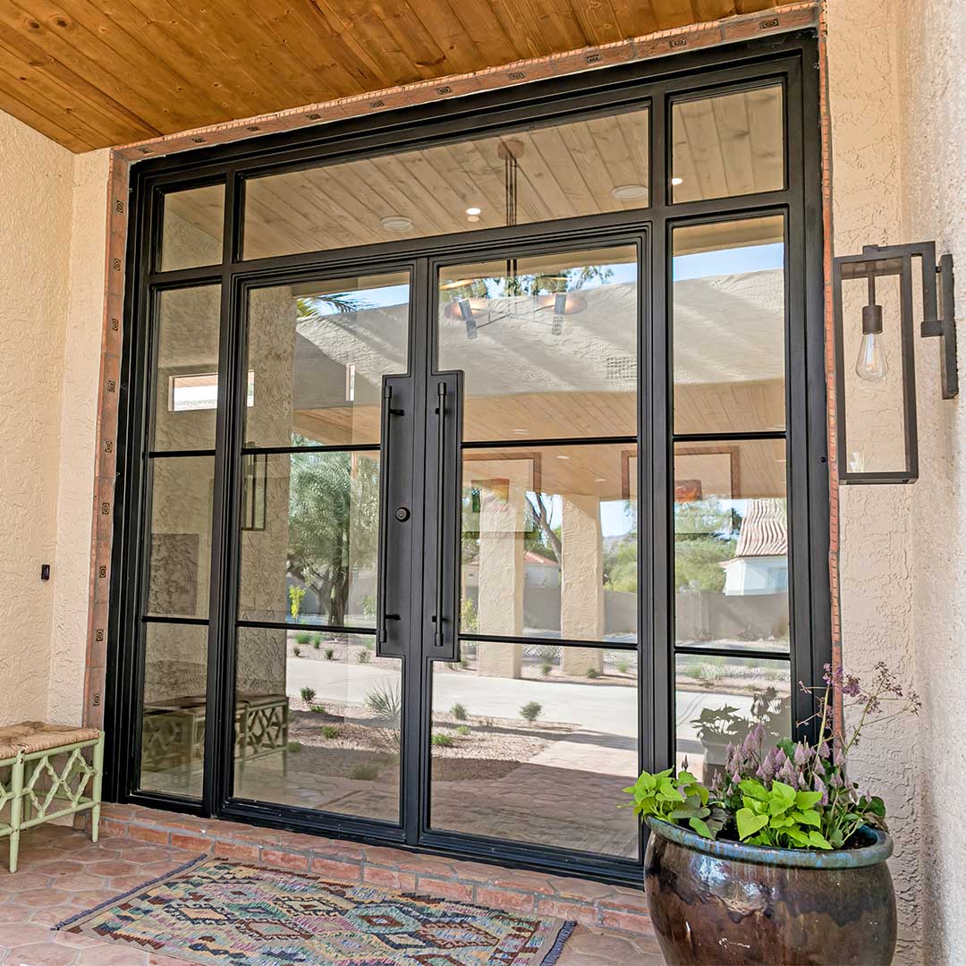 Large  contemporary french black iron and glass iron entry door