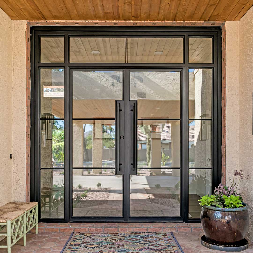 Contemporary black iron and glass French doors with glass surround