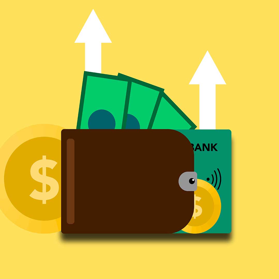 Graphic of a wallet with a credit card and cash sticking out of it