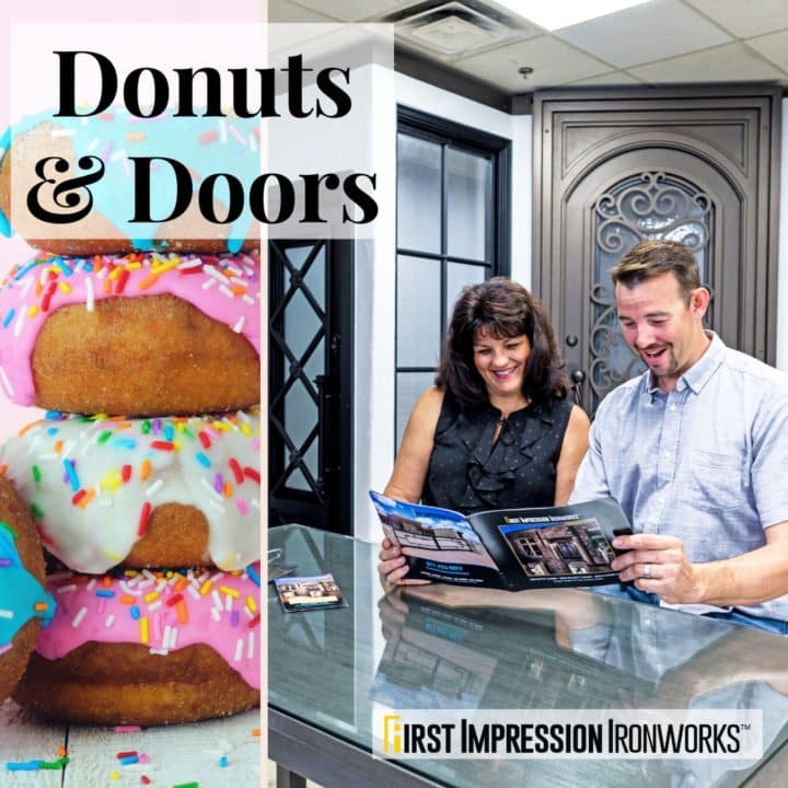 Graphic with donuts stacked on one side and a couple looking through a brochure, at a First Impression Ironworks showroom, on the other side.