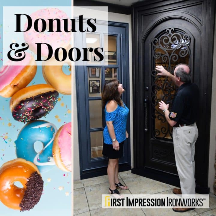 Graphic with donuts on a blue background on one side and a First Impression Ironworks employee showing a homeowner a door, in a First Impression Ironworks showroom, on the other side.