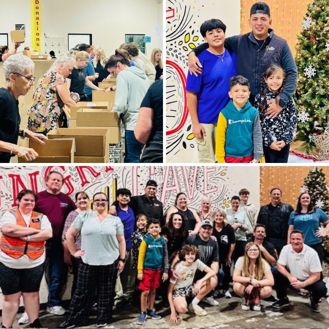 Collage of 3 images that are all part of the FII Team that volunteered at Midwest Food Bank.

