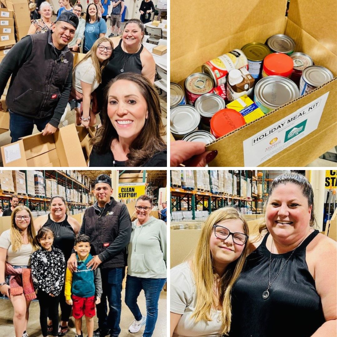 4 images from a First Impression Ironworks volunteer event at Midwest Food Bank.  Pictures are of smiling team embers packing meals for families in need.