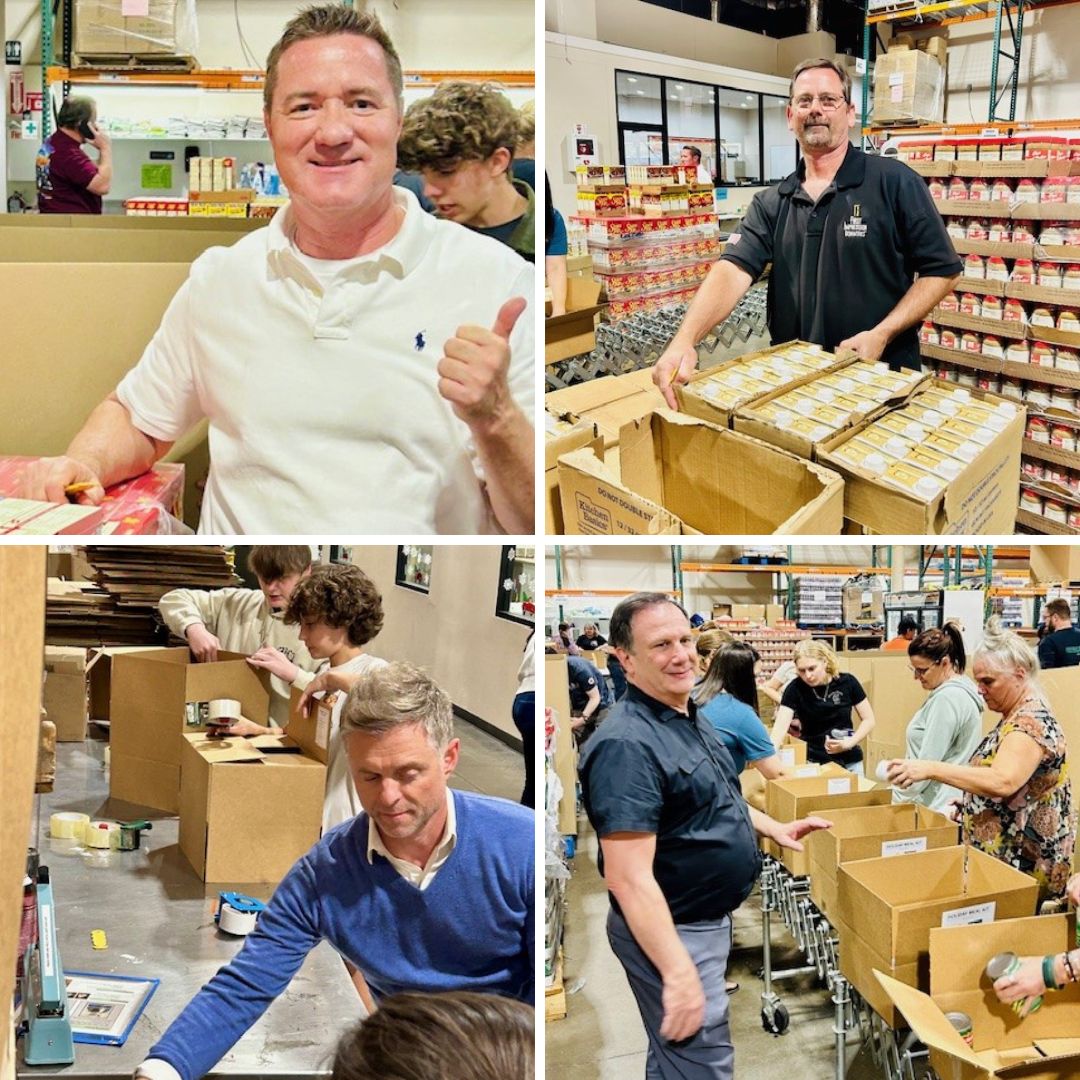 4 pictures combined into a collage.  All 4 images are of the First Impression Ironworks team members that volunteered at Midwest Food Bank.