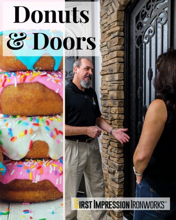 "Donuts & Doors" graphic showing a First Impression Ironworks Design Specialist helping a homeowner that is visiting a showroom