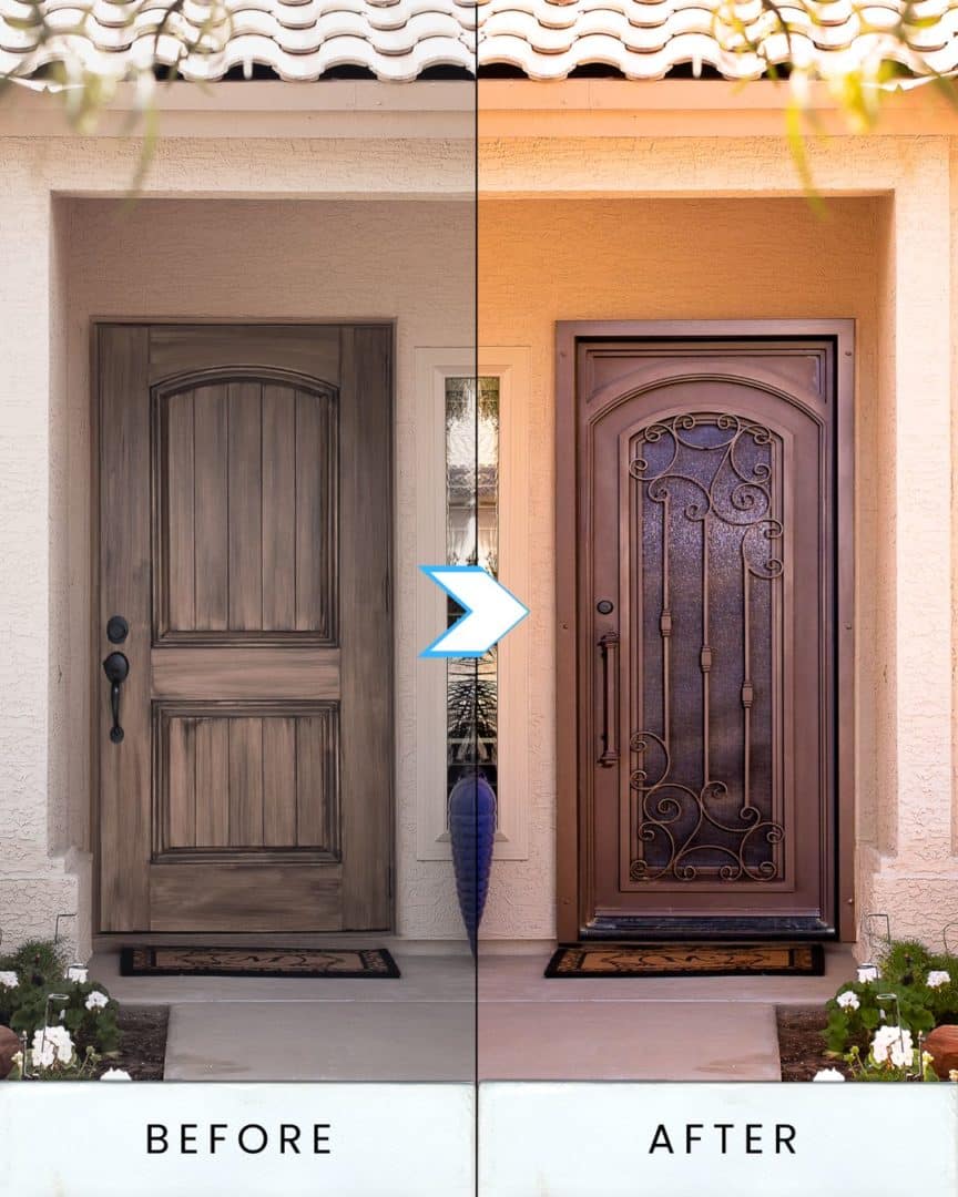 Before and after of a wooden door that was replaced with a First Impression Ironworks Iron Entry Door