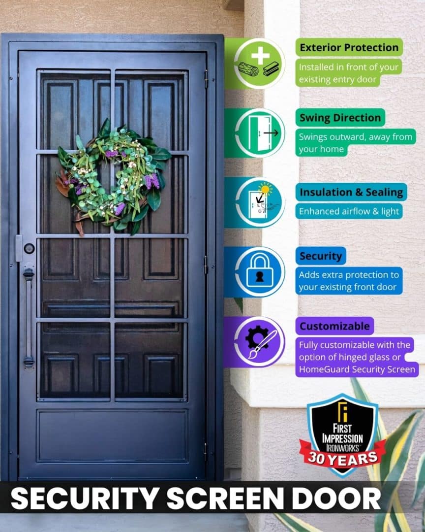 Graphic listing the features of a First Impression Ironworks Iron Security Door