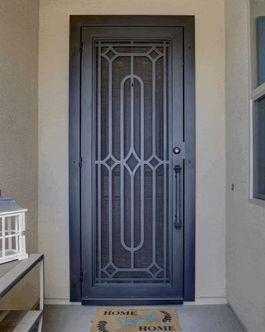 Modern black iron security door custom made by First Impression Ironworks