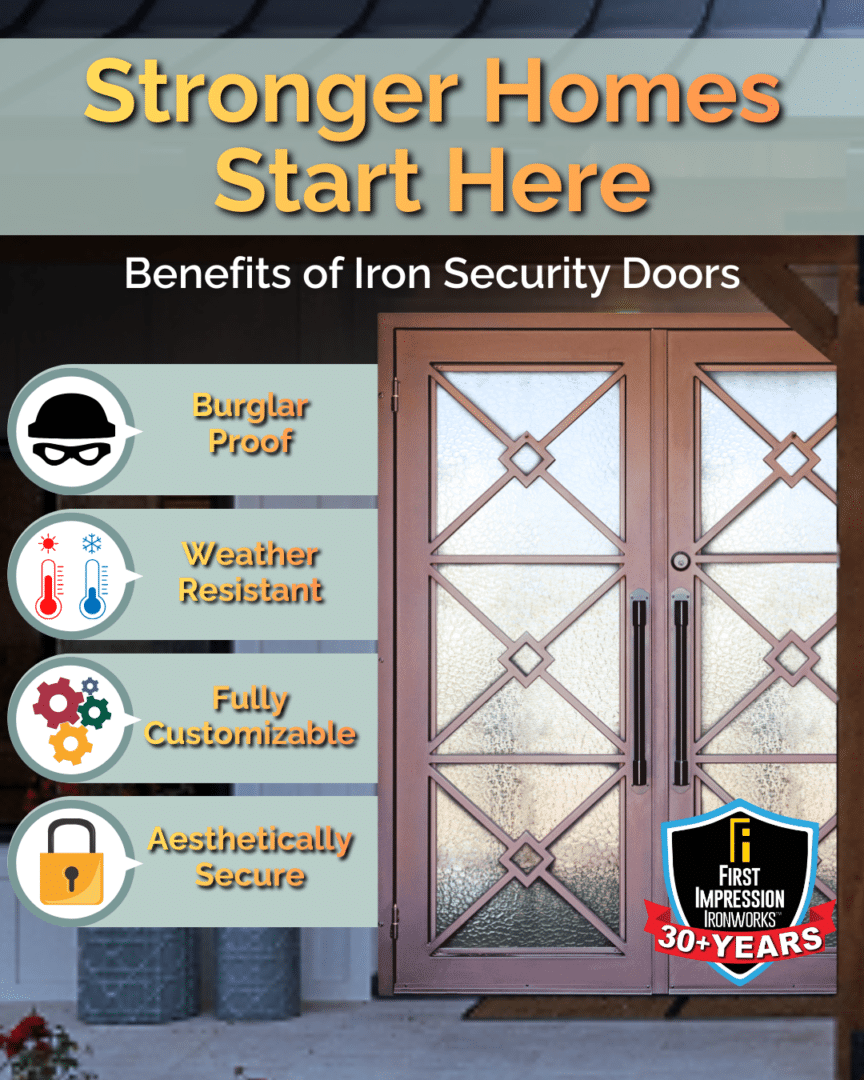 Graphic showing a First Impression Ironworks Iron Entry Door with a List of benefits, including: Burglar Proof, Weather Resistant, Fully Customizable, and Aesthetically Secure