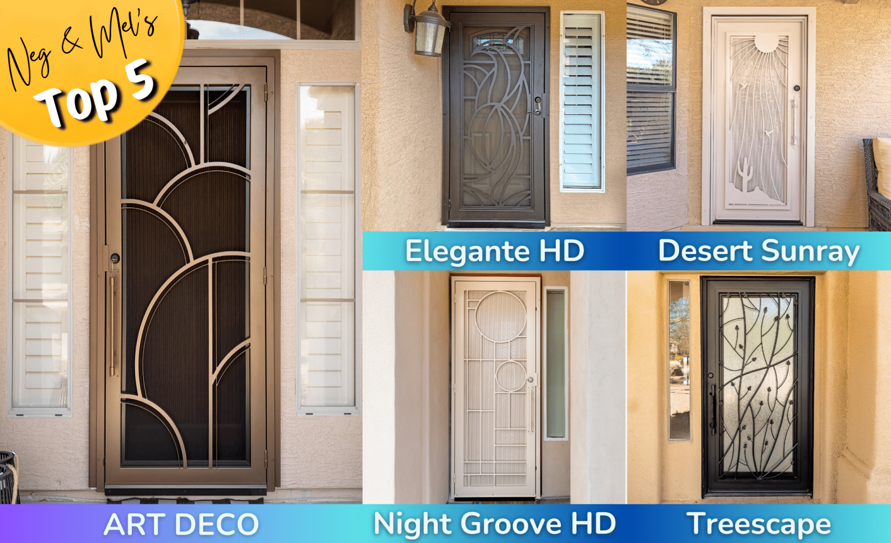 Collage of the 5 iron door styles that Neg and Mel narrowed their choices down to.