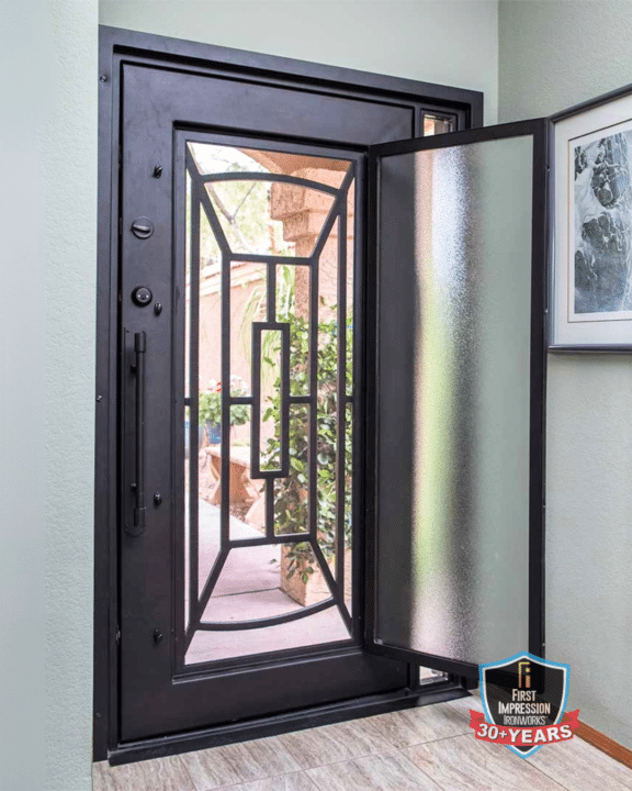 First Impression Ironworks Iron Entry Door with a large glass panels that opens to allow air to flow into the home