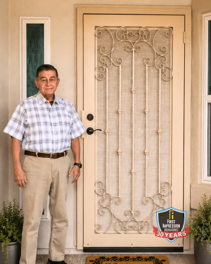 Man standing next to his new First Impression Ironworks security Door
