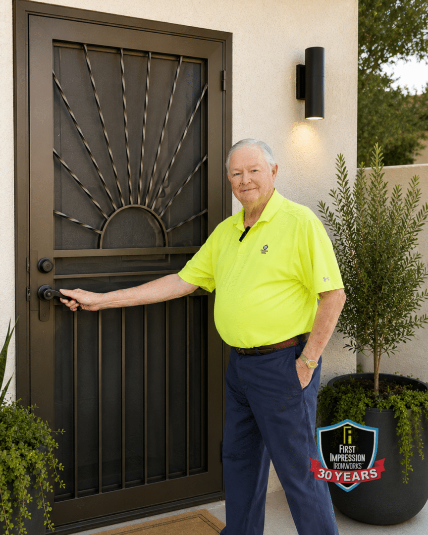 Man reaching for the handle of his First Impression Ironworks security door.