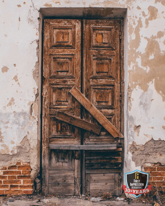 old, broken wooden front door