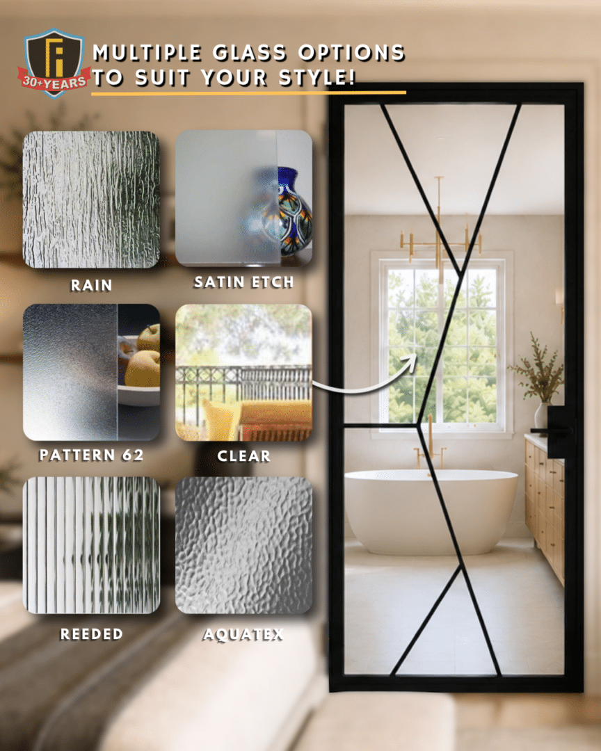 Informational graphic showing how each Interior Iron Door glass option looks.