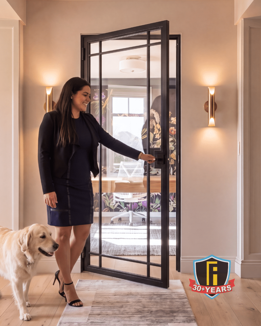 Woman opening an iron and glass door leading into her home office