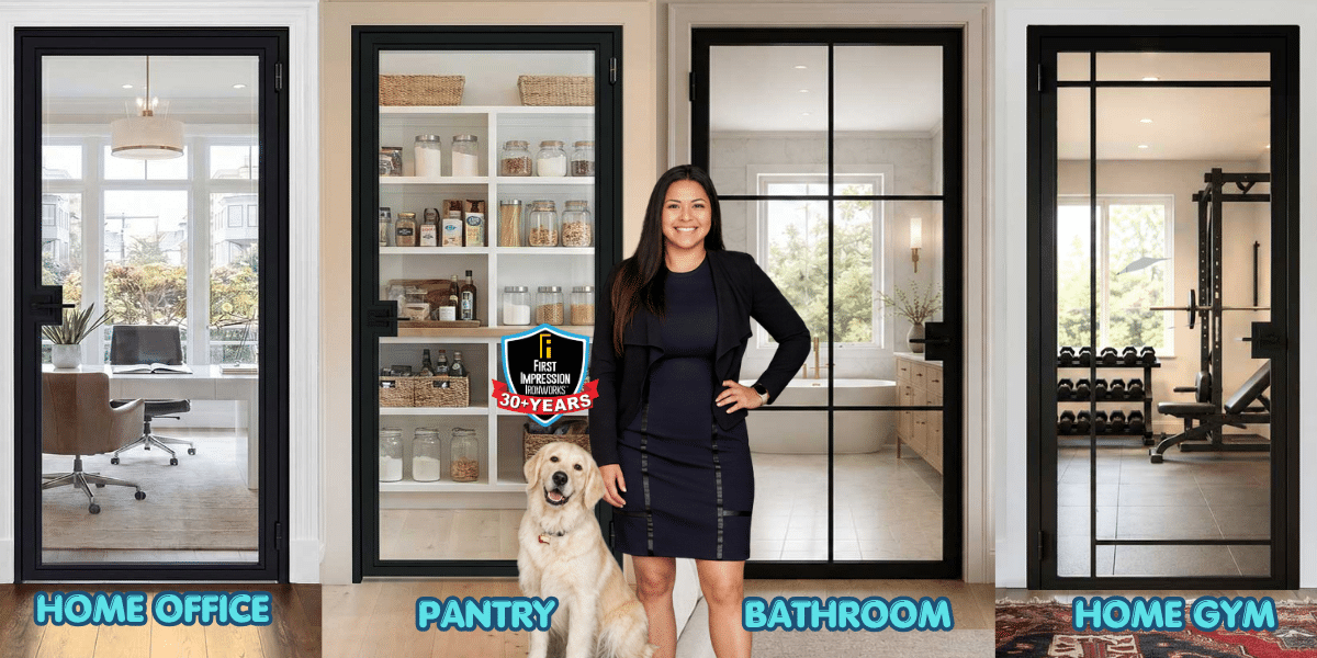 Image showing examples of the various ways interior iron and glass doors can be used; home office, pantry, bathroom and home gym