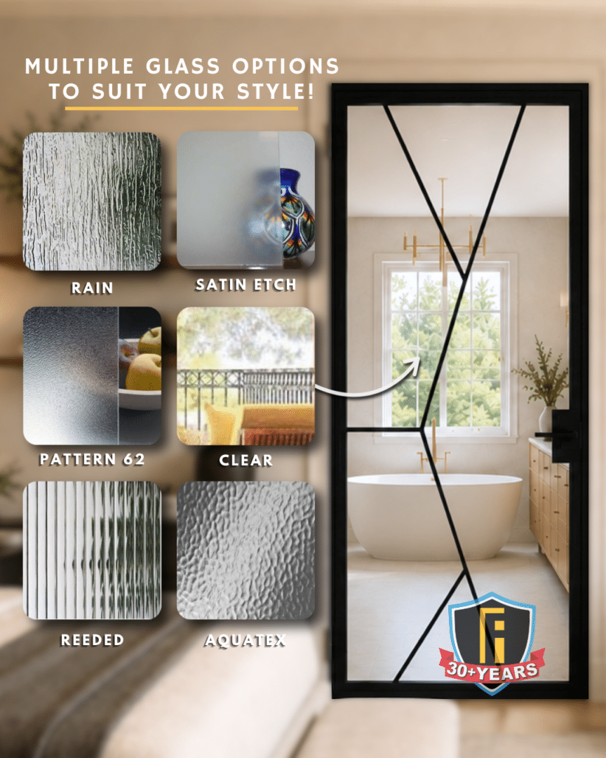 Image showing the various glass styles that can be used on First Impression Ironworks Interior Doors