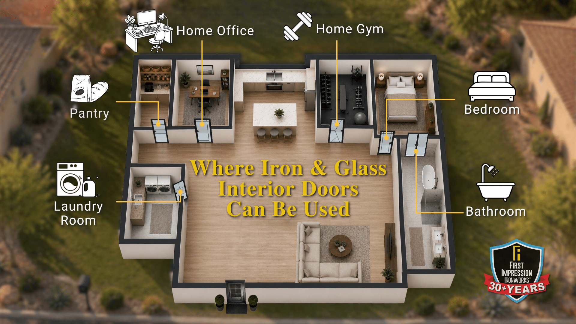 Diagram of a home showing all of the ways you can use iron interior doors inside your home.