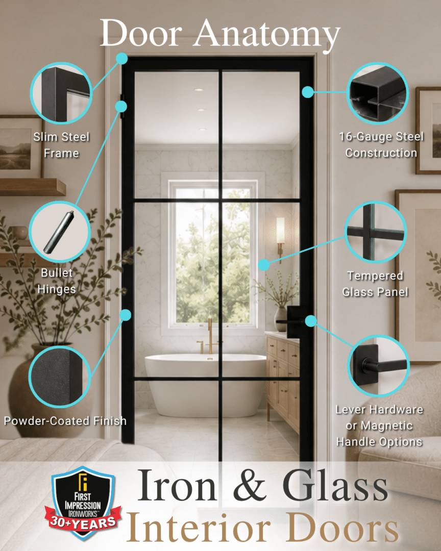 Informational graphic identifying various parts and features of Iron and Glass interior doors