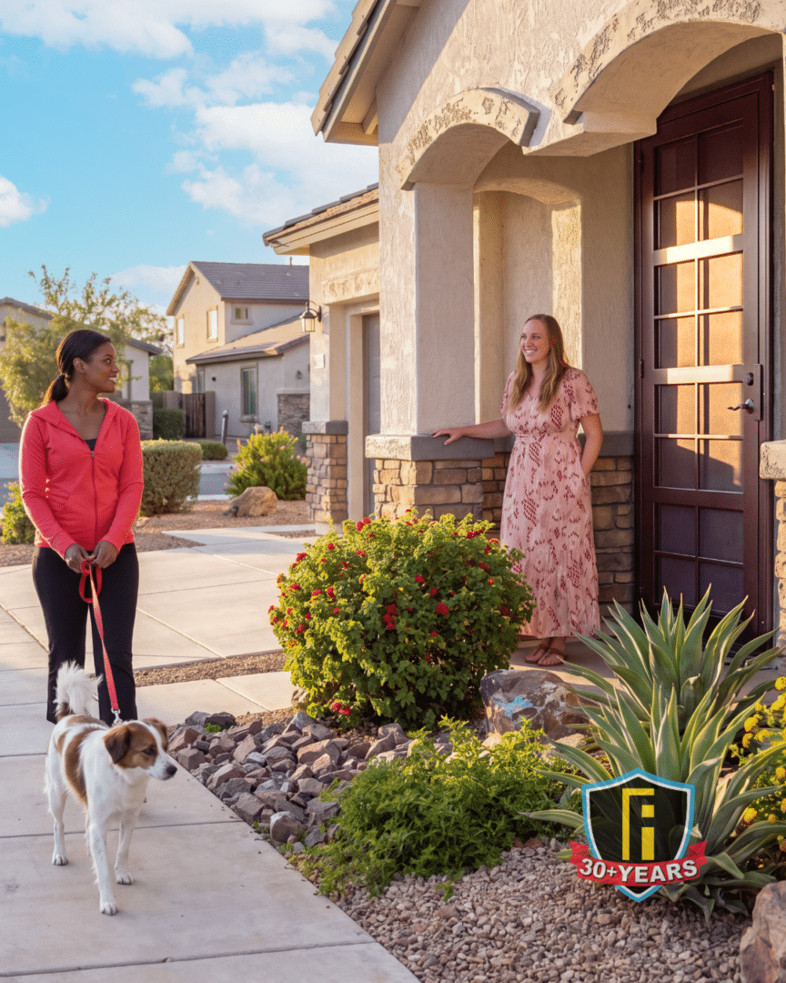 Nora G. standing outside her home, speaking with a neighbor about her First Impression Ironworks Security Door.
